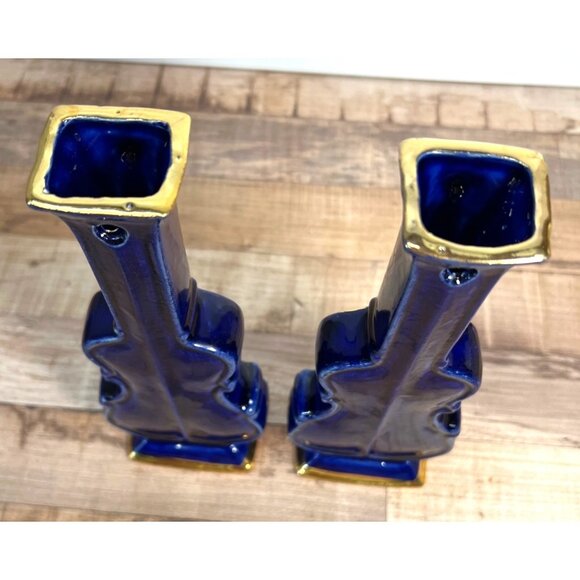 2 Vintage Cobalt Blue & Gold Violin Shaped Ceramic Wall Pockets Decorative - Picture 5 of 5